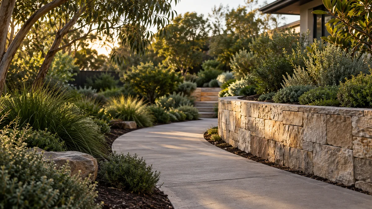 Illustration of a garden path curving beside a retaining wall