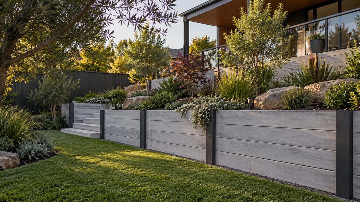Illustration of concrete sleeper retaining walls in an Australian residential setting