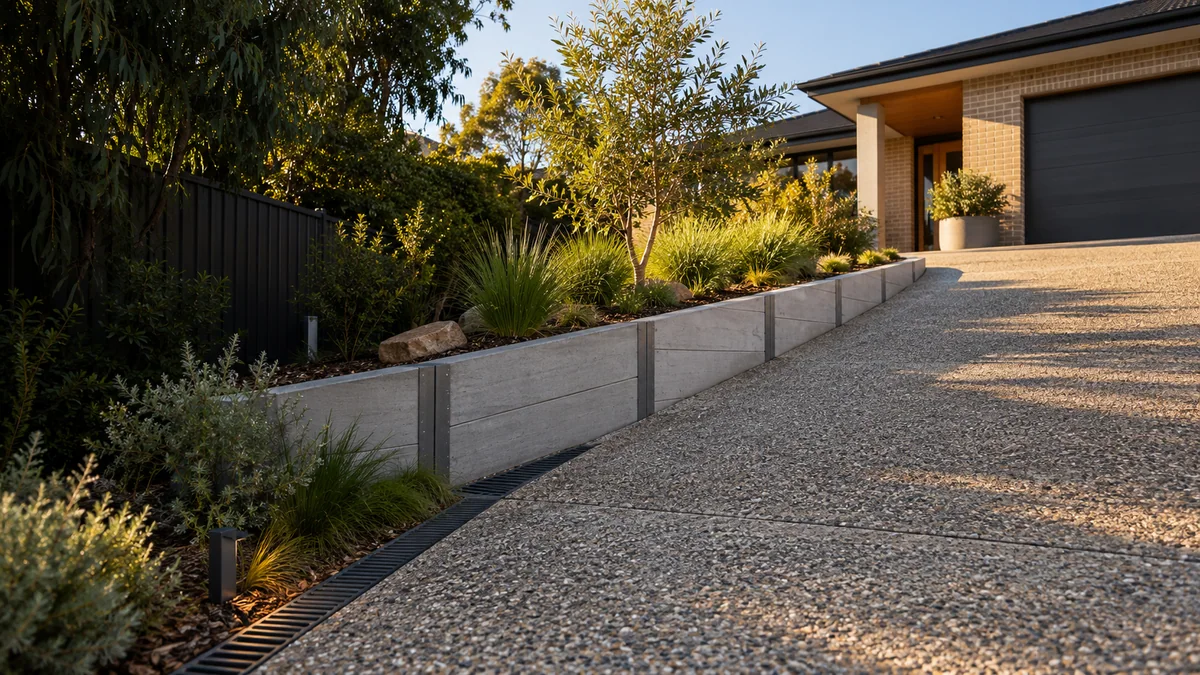 Landscape concept showing a low concrete sleeper wall beside a sloping driveway