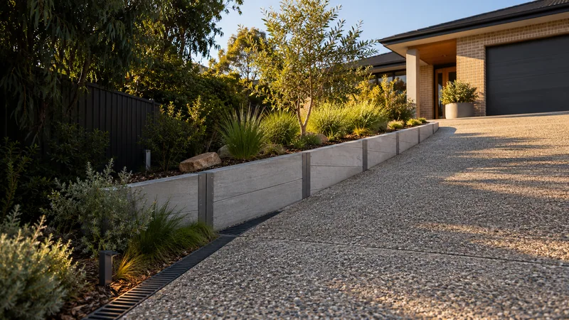Landscape concept showing a low concrete sleeper wall beside a sloping driveway
