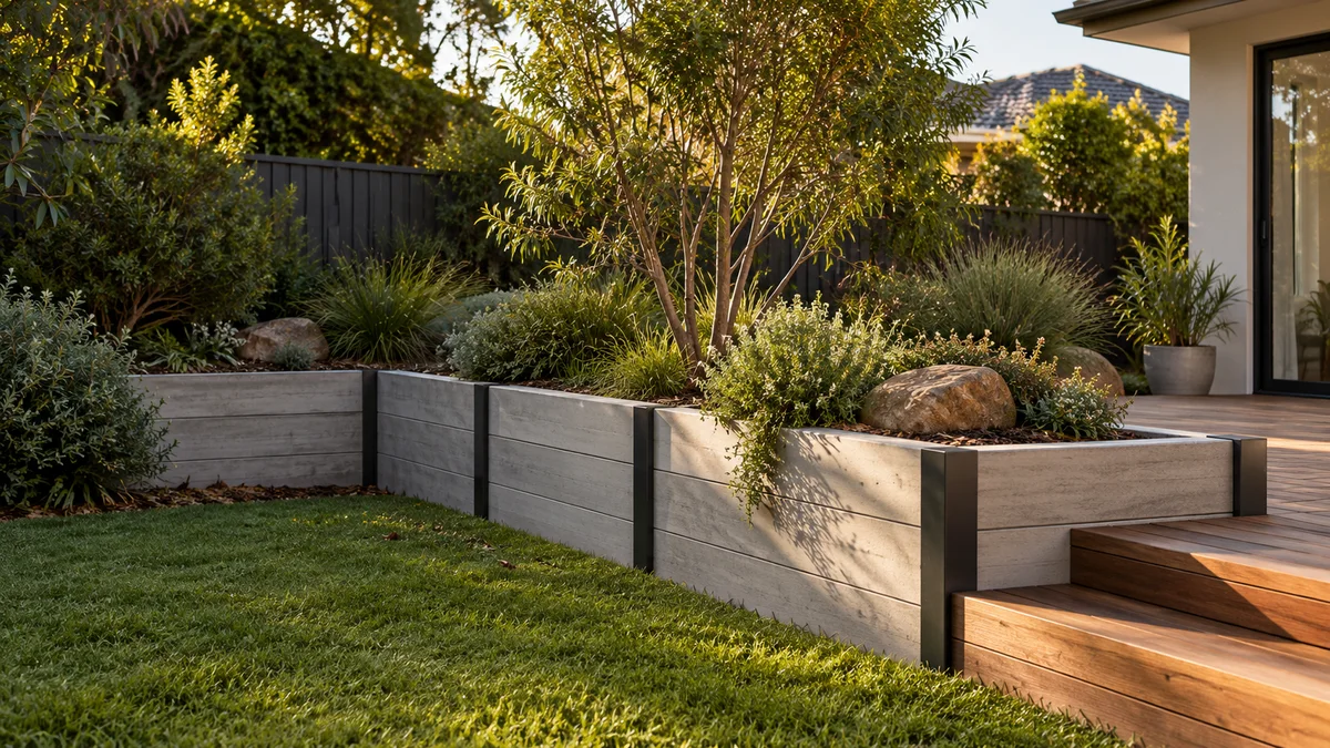 Garden concept for Bentleigh, featuring a grey concrete sleeper with charcoal steel posts retaining wall