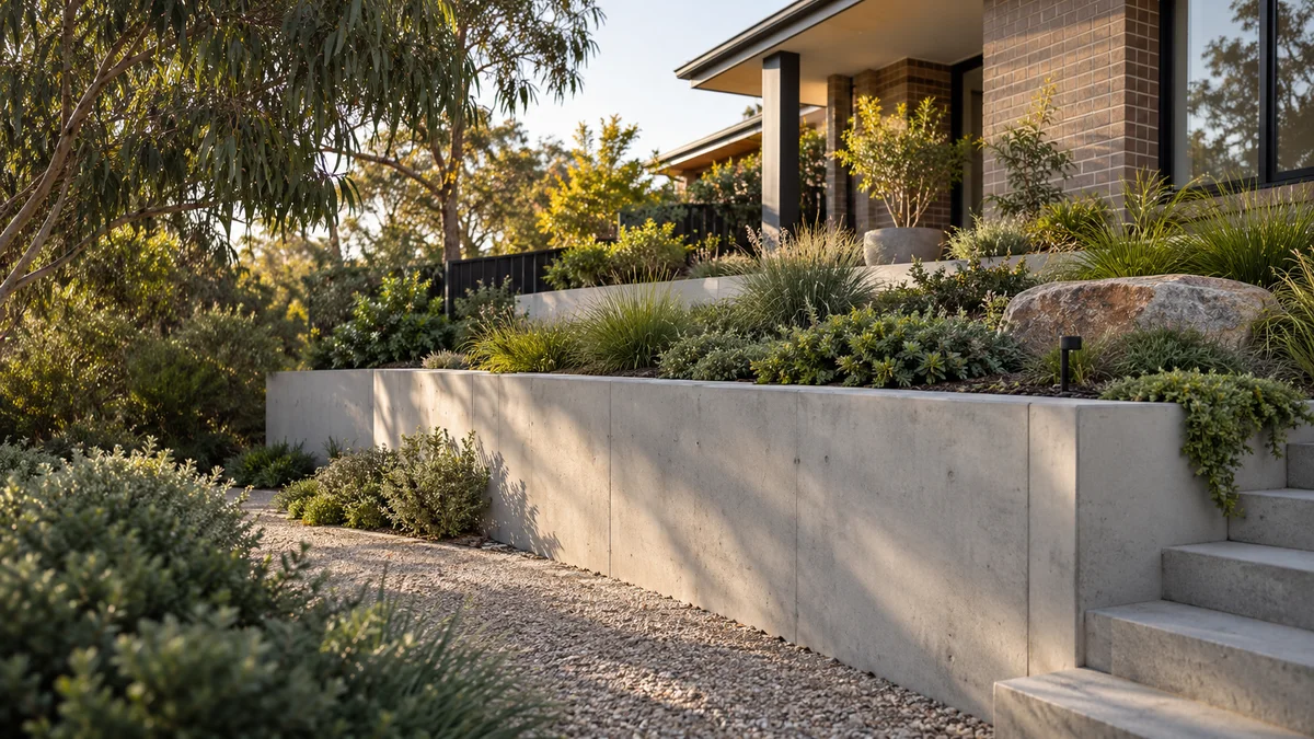 Garden concept for Berwick, featuring a smooth poured concrete retaining wall
