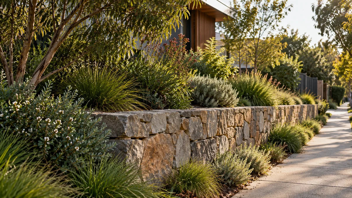 Garden concept for Blackburn, featuring a natural stone-faced retaining wall
