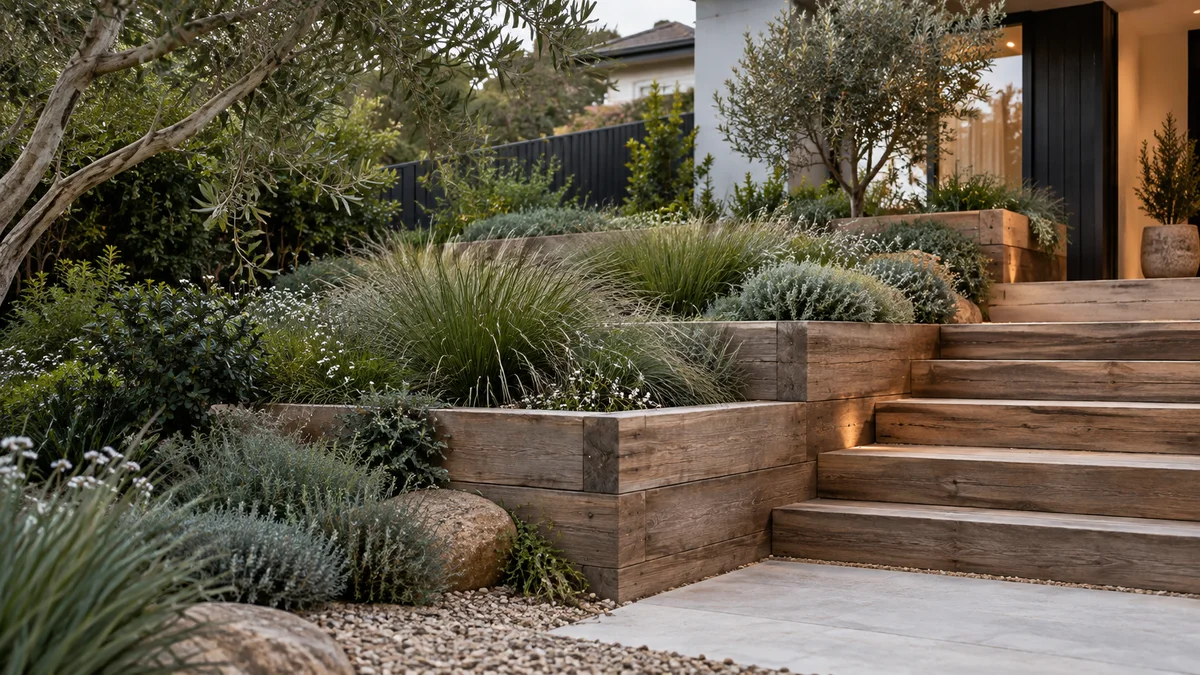 Garden concept for Brighton, featuring a warm timber sleeper retaining wall