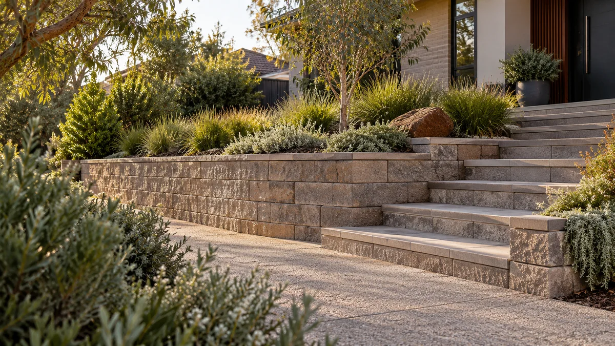 Garden concept for Bundoora, featuring a textured segmental masonry block retaining wall