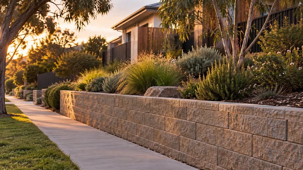 Garden concept for Cheltenham, featuring a textured segmental masonry block retaining wall