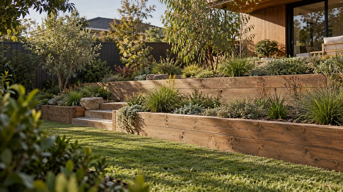 Garden concept for Doncaster, featuring a warm timber sleeper retaining wall