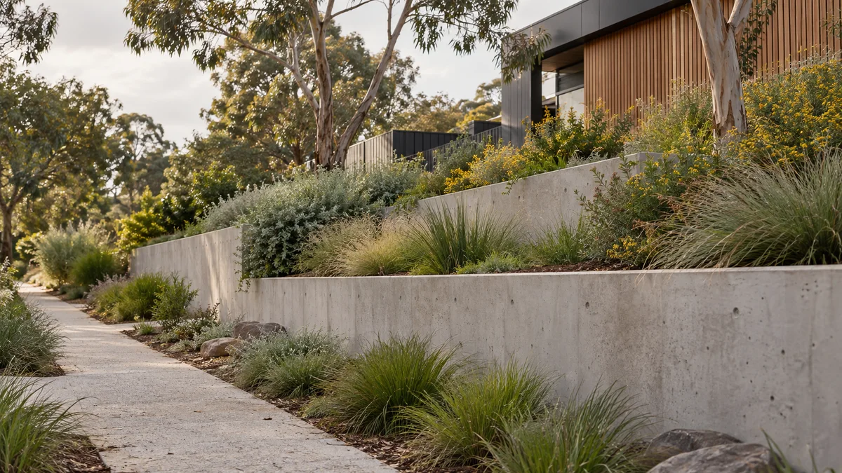 Garden concept for Eltham, featuring a smooth poured concrete retaining wall