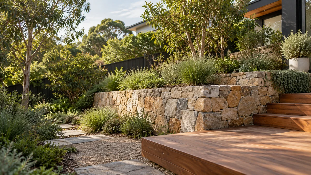 Garden concept for Greensborough, featuring a natural stone-faced retaining wall