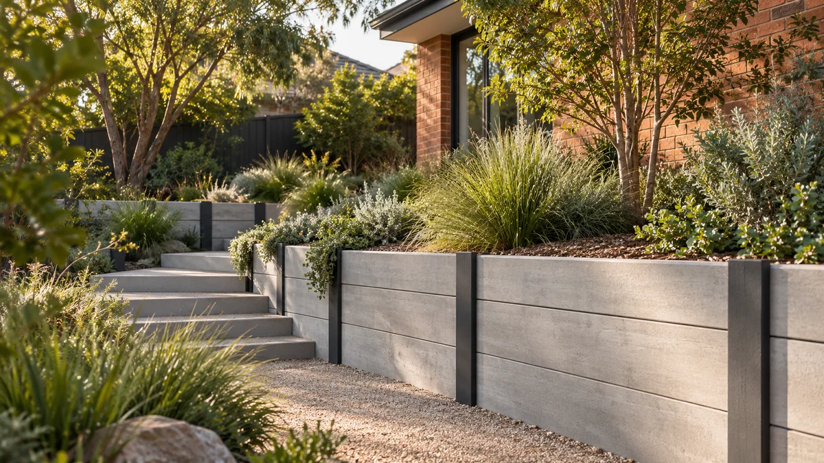 Garden concept for Hawthorn, featuring a grey concrete sleeper with charcoal steel posts retaining wall