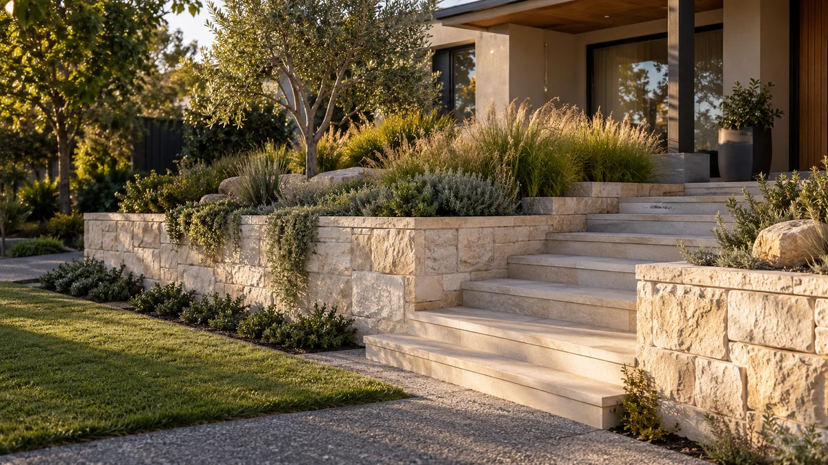 Garden concept for Point Cook, featuring a pale mortared masonry retaining wall