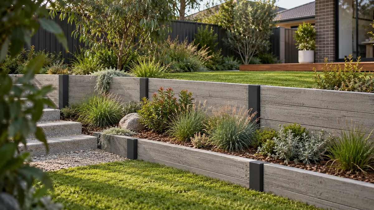 Garden concept for Reservoir, featuring a grey concrete sleeper with charcoal steel posts retaining wall