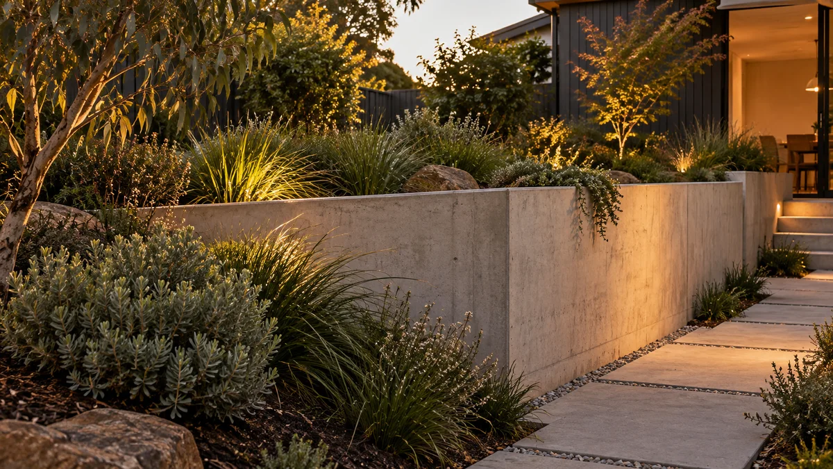 Garden concept for Ringwood, featuring a smooth poured concrete retaining wall