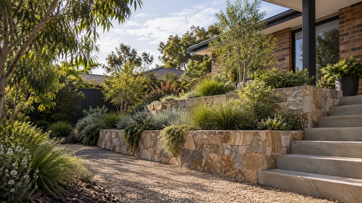 Garden concept for Sunshine, featuring a natural stone-faced retaining wall