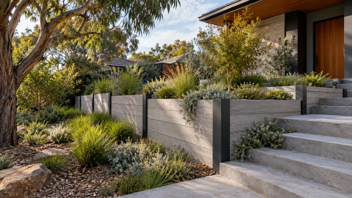 Garden concept for Templestowe, featuring a grey concrete sleeper with charcoal steel posts retaining wall