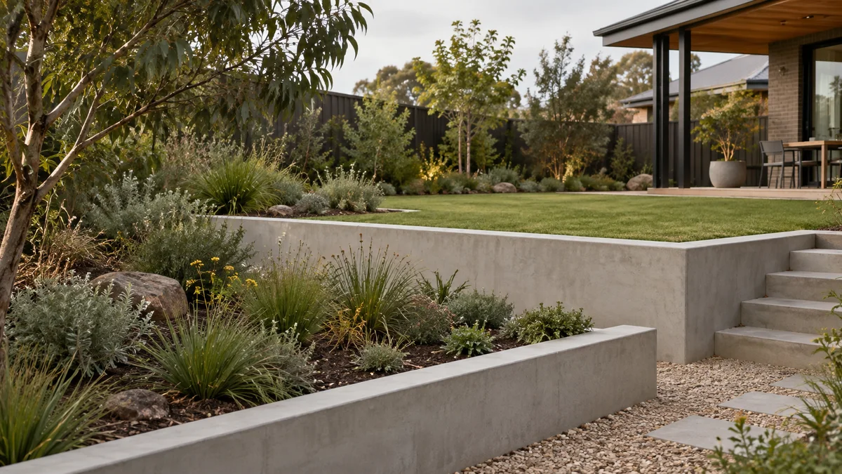 Garden concept for Werribee, featuring a smooth poured concrete retaining wall