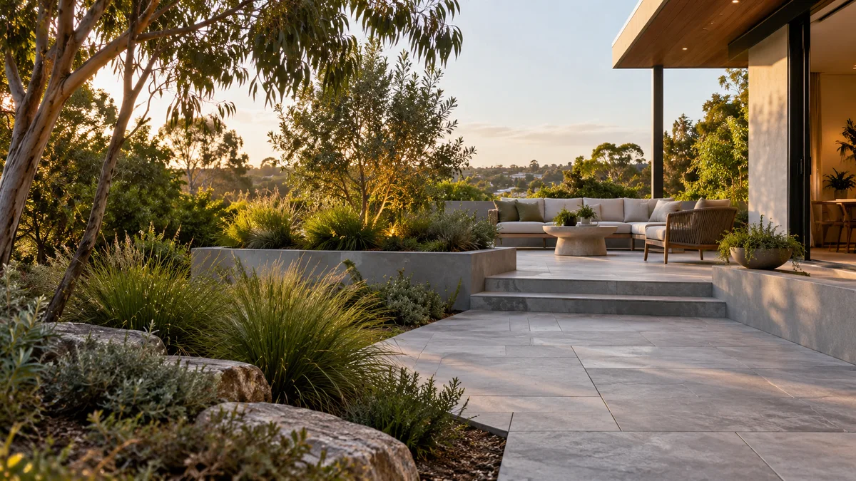 Illustration of patios & hardscaping in an Australian residential setting