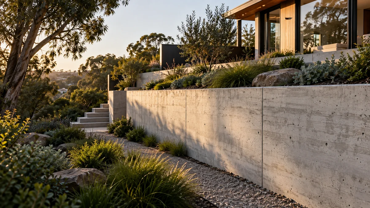 Illustration of poured concrete retaining walls in an Australian residential setting