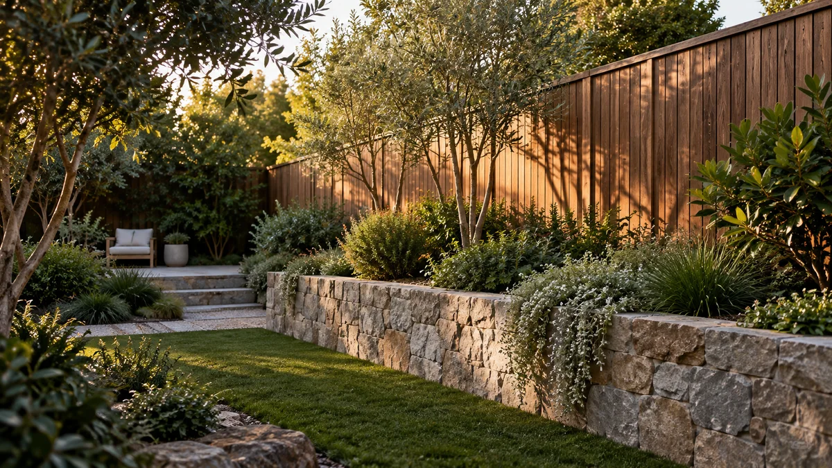 Illustration of a private screened garden with a retaining planter