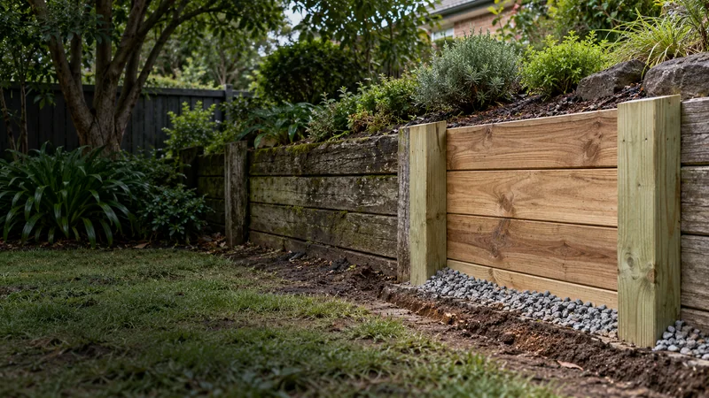 Construction concept showing a timber retaining wall being renewed beside an older section