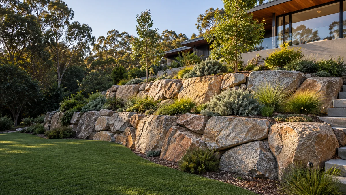 Landscape concept showing natural rock retaining walls on a planted Melbourne slope