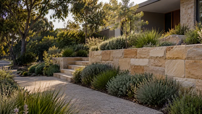 Landscape concept showing sandstone retaining walls beside a planted entrance
