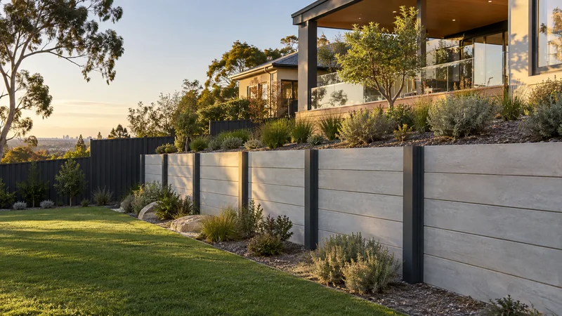 Landscape concept showing steel posts and concrete sleepers in a Melbourne garden