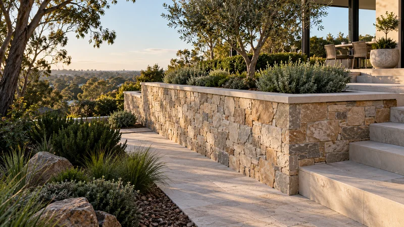 Illustration of stone veneer retaining walls in an Australian residential setting